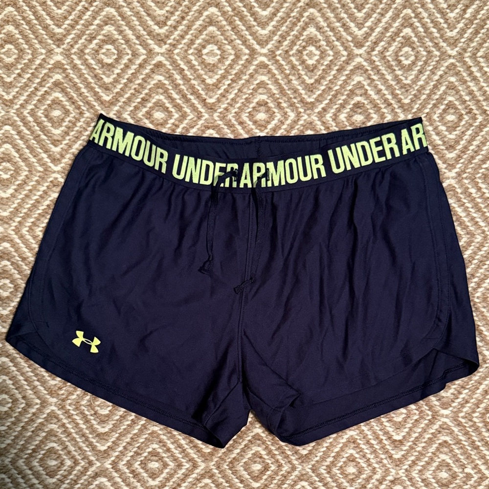Under Armour Women's Navy Athletic Shorts with Neon Green Waistband